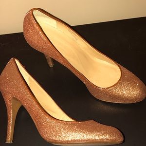 J Crew Rose gold glitter heels, sz 7.5, 3.5” heels